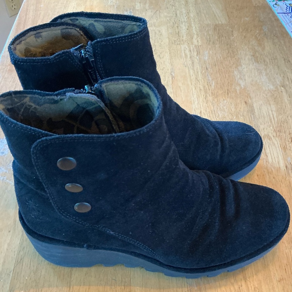Women's Fly London Black Suede Ankle Boots with Side Button Detail